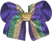 Large Purple Green and Gold Metallic Mesh with Gold Glitter Crown over Purple Double Layer Overlay Bow